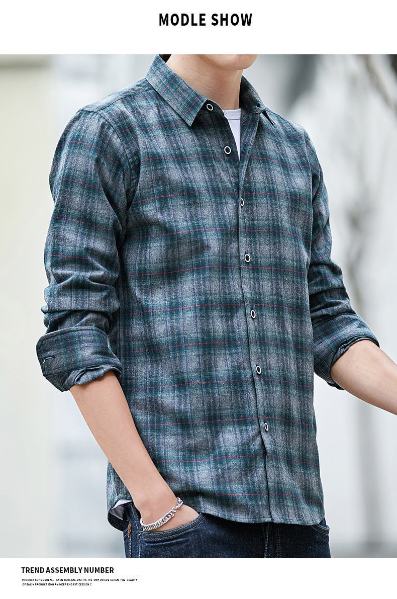 啄木鸟春秋冬季男装新款长袖格子衬衫男韩版潮流休闲修身条纹衬衣外套