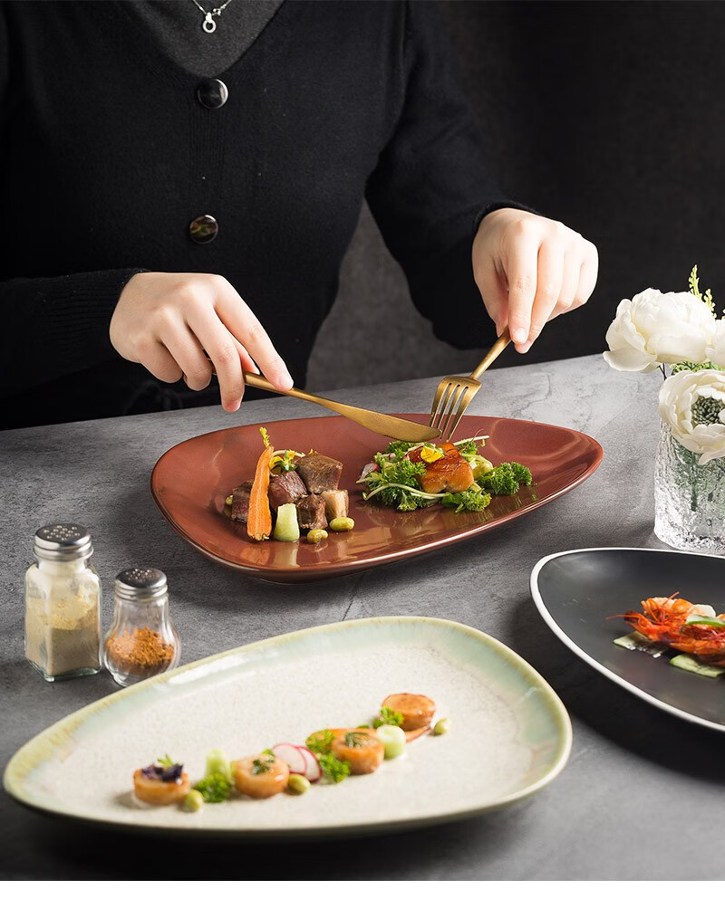 青木尚瓷日式创意三角异型鱼盘西餐餐盘家用摆盘餐具餐厅酒店复古蒸鱼