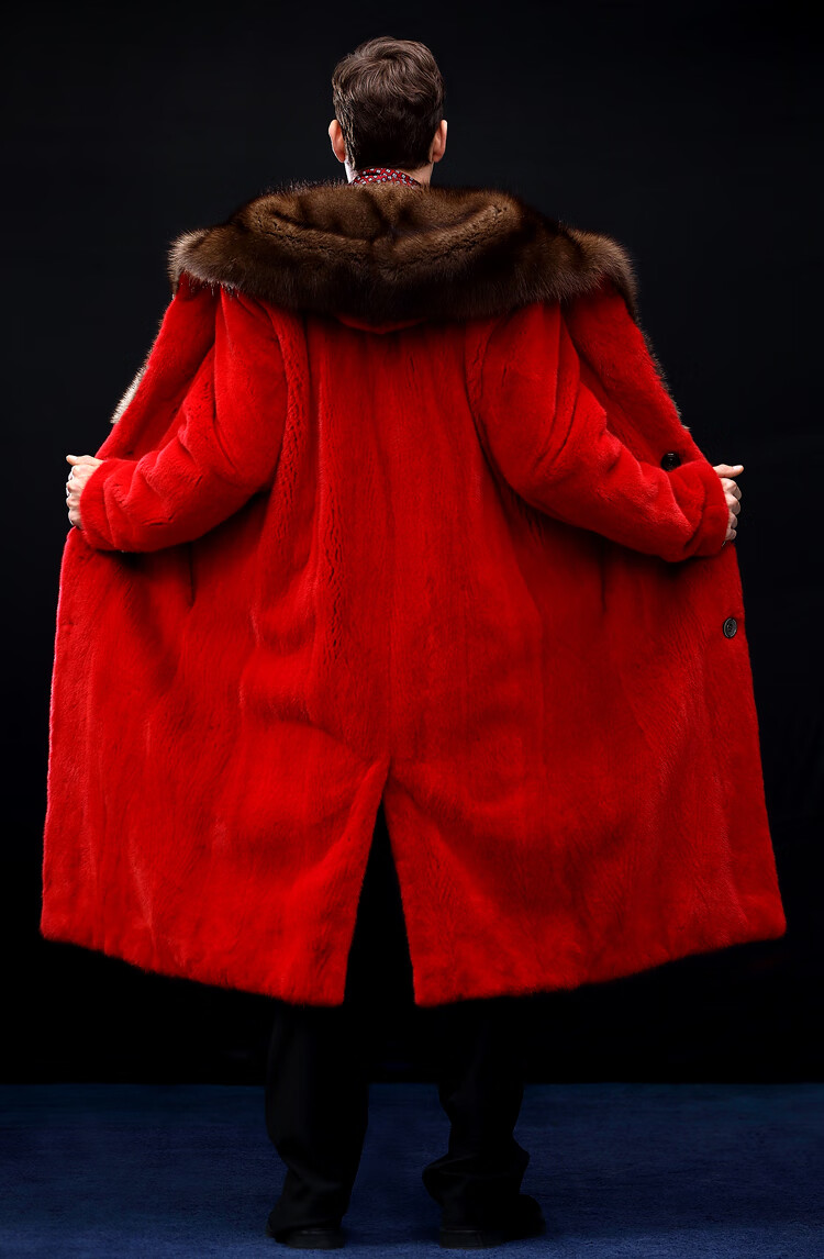 七匹狼宝嘉美貂皮整貂皮大衣男进口宝嘉美天鹅绒渔貂毛披肩帽中国红