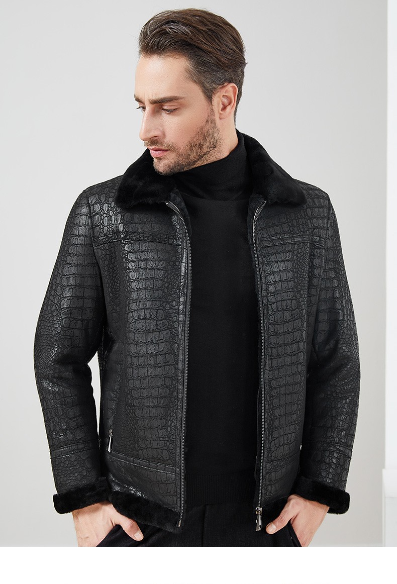 雪豹 秋冬新款2020真皮皮衣短款翻领皮毛一体男皮草外套拉链门襟压花
