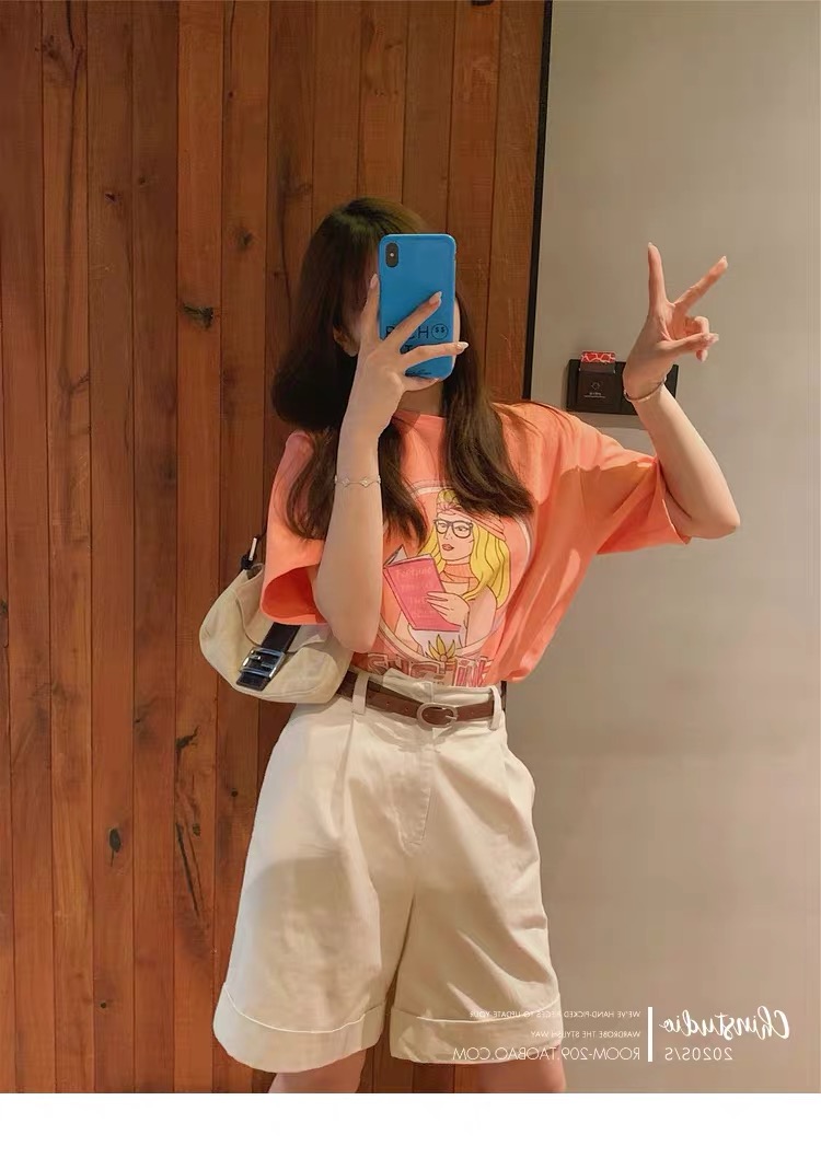 特价捡漏北极绒早春装新款小个子穿的时髦穿搭配显高橘色短袖t恤短