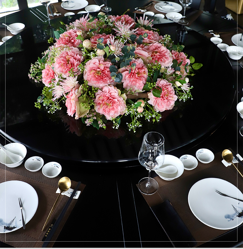 野派酒店餐桌仿真花餐厅桌面圆桌花转盘假花摆件高端现代花艺包厢软装