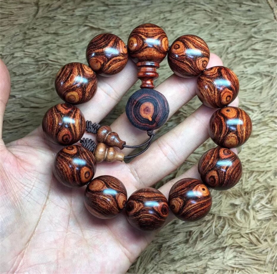 情冰海南黄花梨20手串老料鬼脸对眼虎皮纹鬼眼木质佛珠念珠手链男女