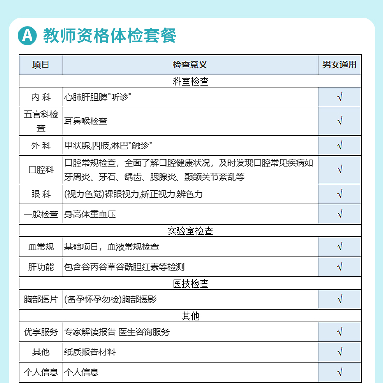 中康公立三甲體檢卡 教師資格證體檢 學生體檢套餐 入職體檢套餐 男性