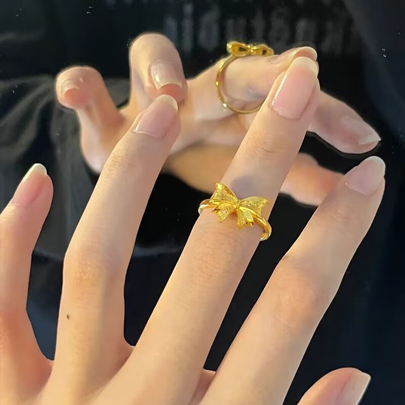 老凤凰黄金蝴蝶结戒指女999足金在逃公主戒子镂空网花指环生日礼物送