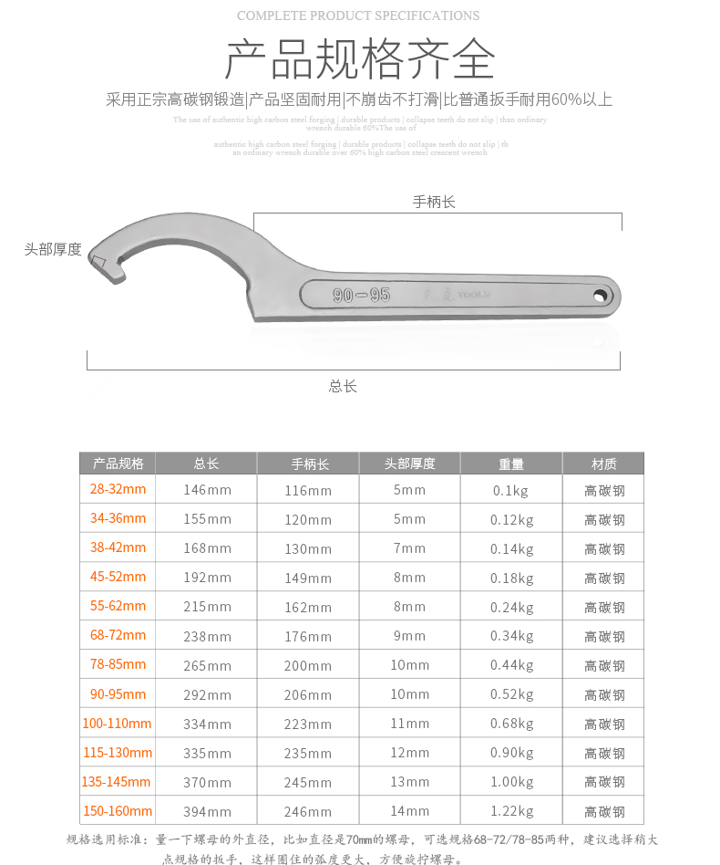 热处理高强度月牙扳手钩形园螺母扳手侧面孔钩扳手勾型扳手 135