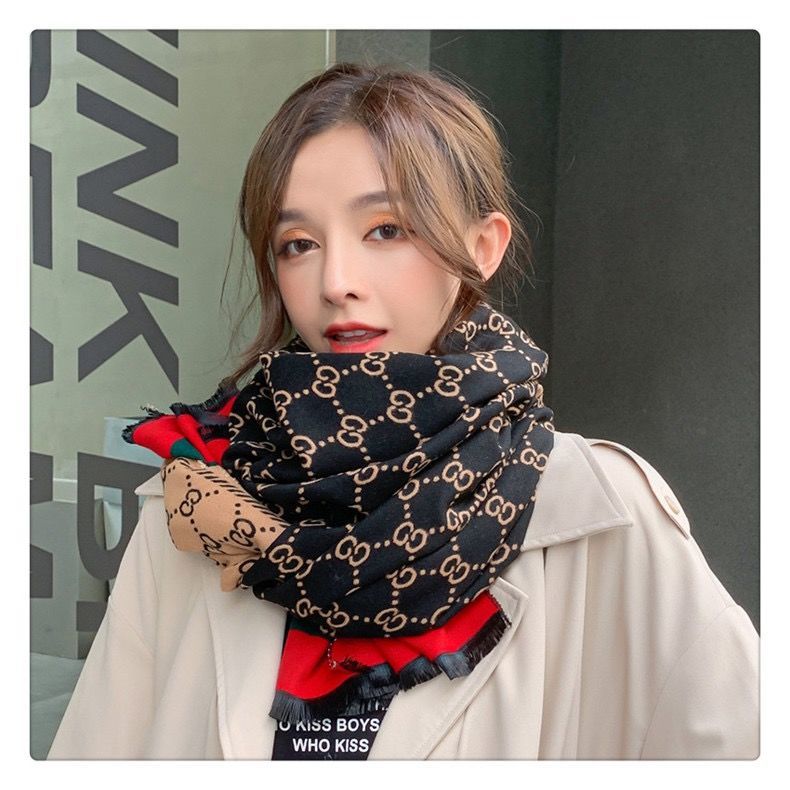 冬季cc字母仿羊绒围巾女欧美新款秋冬季加厚保暖双面披肩百搭 黑色