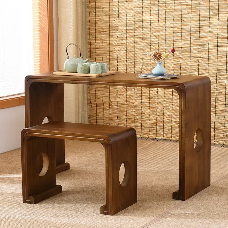 古琴桌凳中式条案供桌书案琴桌子仿汉国学桌茶艺 浅棕色椭圆孔一套