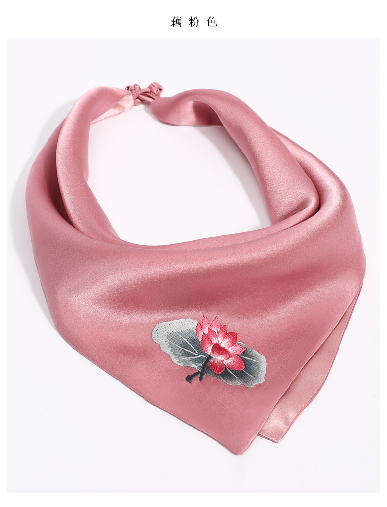 吴蚕里真丝丝巾女士随身手绢桑蚕丝复古风手工刺绣荷花苏州丝绸送礼小