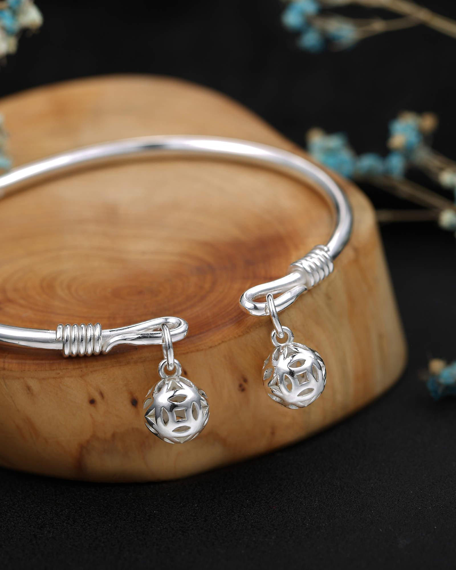 手工定制绣球皇冠银脚镯女银脚链子大人响铃铛开口银脚环实心情人节