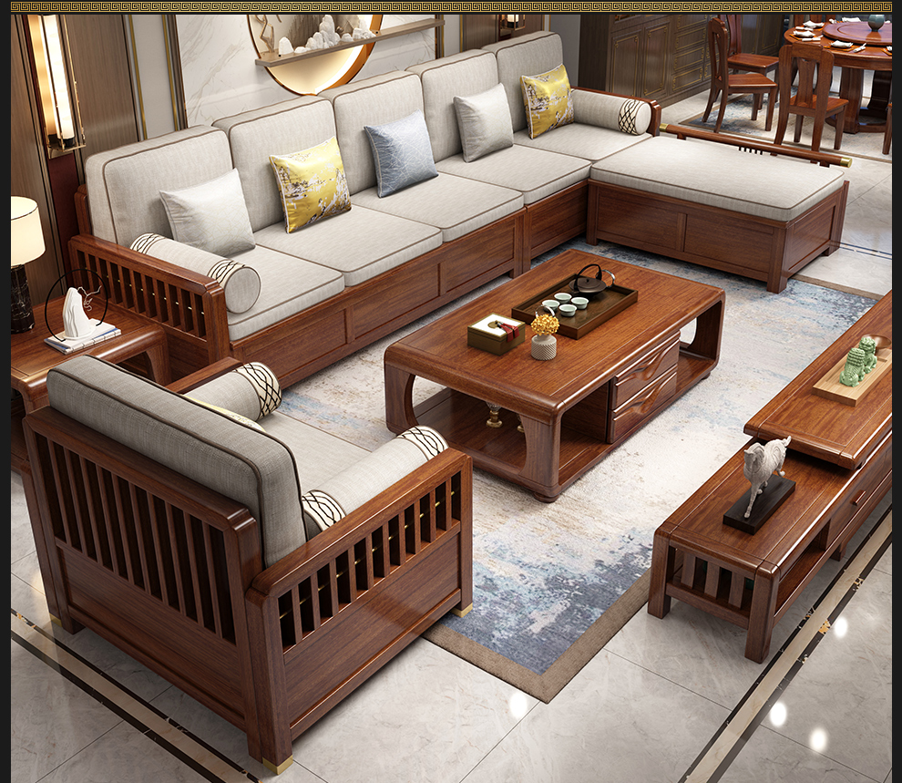 迪美尔新中式客厅胡桃木实木沙发组合现代简约贵妃小户型高箱储物布