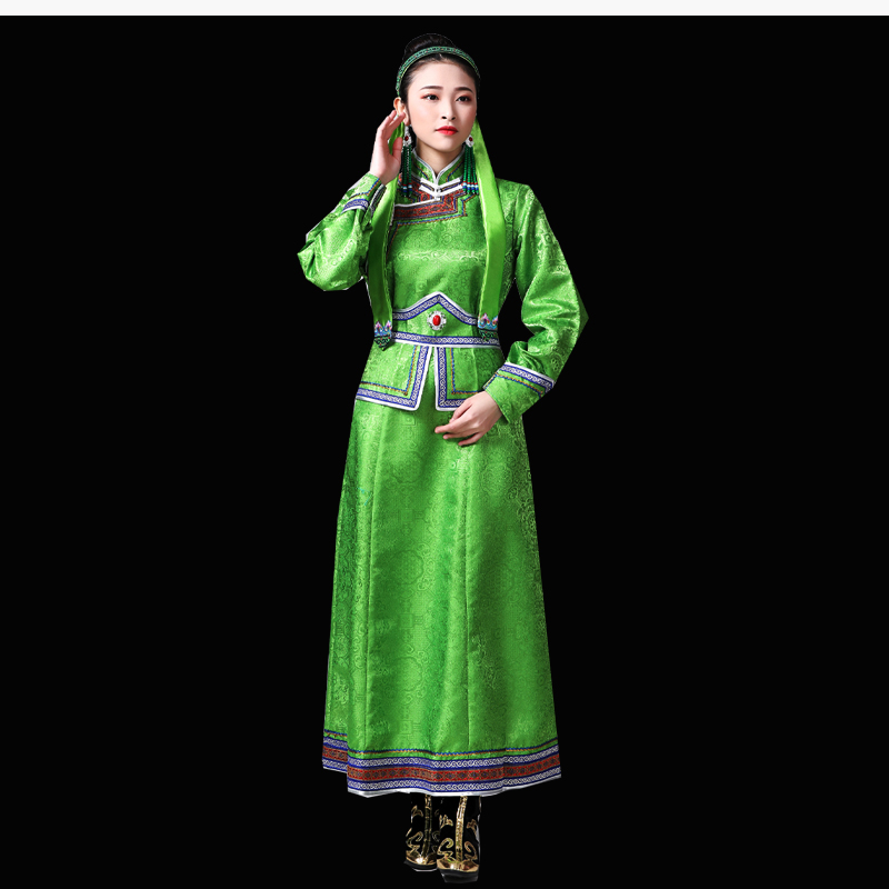 成人夏季日常蒙古族服装蒙古袍女生活装长款服蒙古白色礼服演出表演