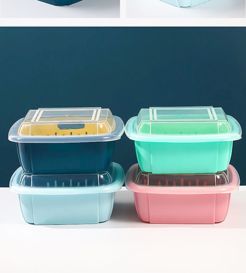 双层沥水保鲜盒冰箱多功能家用厨房蔬菜水果沥水篮塑料洗菜盆带盖 混