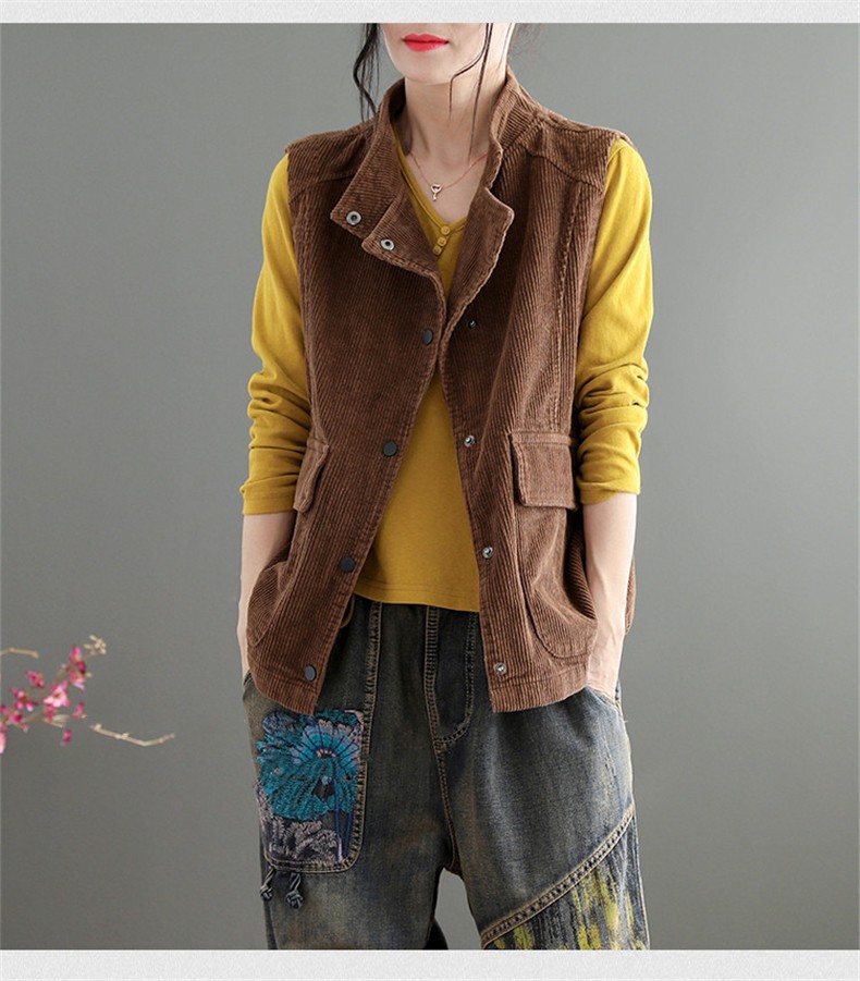 衣瑾帛社马甲女装新款复古文艺大口袋立领灯芯绒无袖短外套宽松百搭