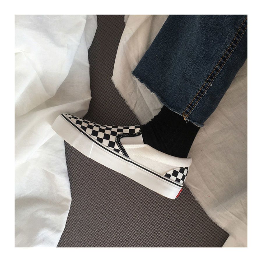 棋盘格套脚帆布鞋男女黑白格子情侣款潮鞋一脚蹬休闲鞋子黑白套脚40男
