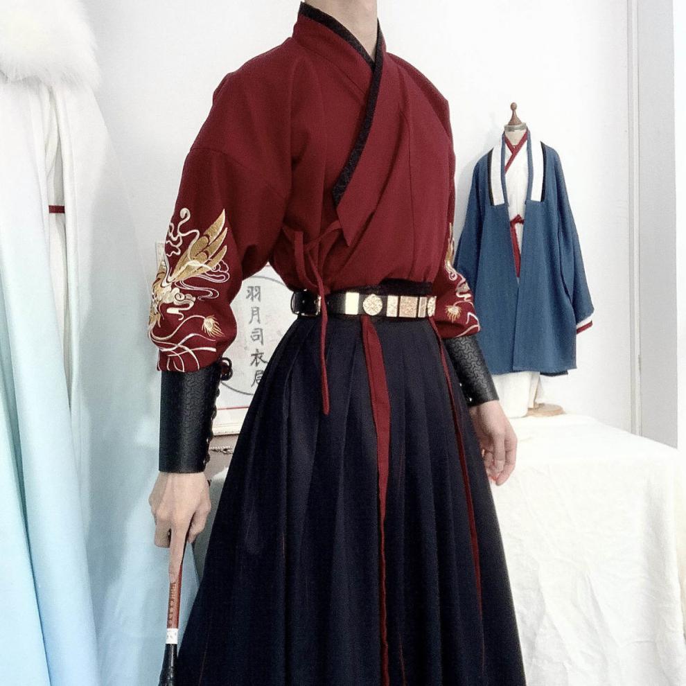 赵小熊新品汉服成人男交领套装男女刺绣日常窄袖情侣红黑酷 黑色印花
