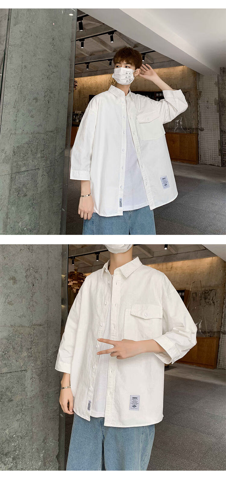 新款衬衫男宽松韩版chic港风工装衬衣外穿bf原宿风上衣七分袖 白色 m