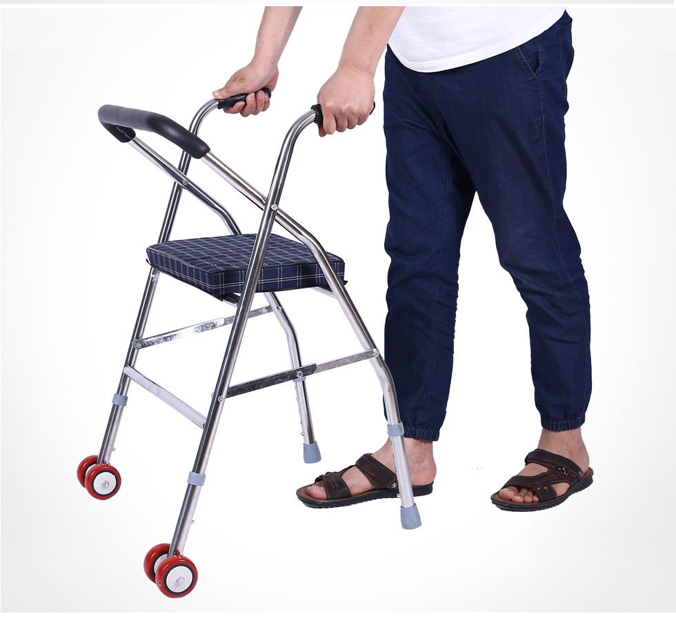 弘庆老年人助行器带座带轮老人四脚学步车助步器手推车折叠