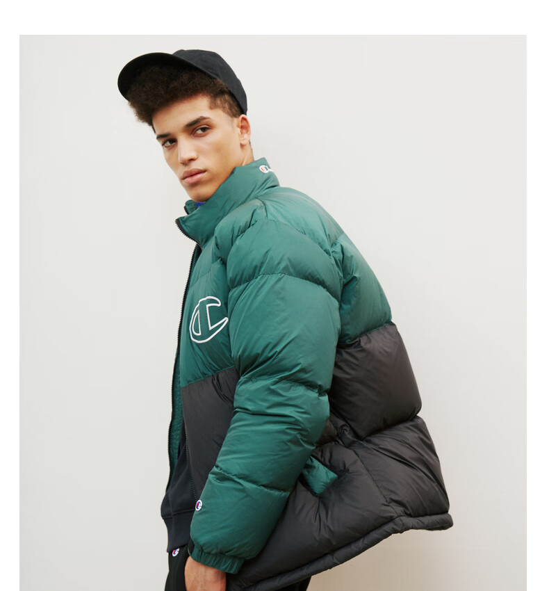 champion冠军秋冬经典男式大c拼接立领羽绒服紫色拼接m