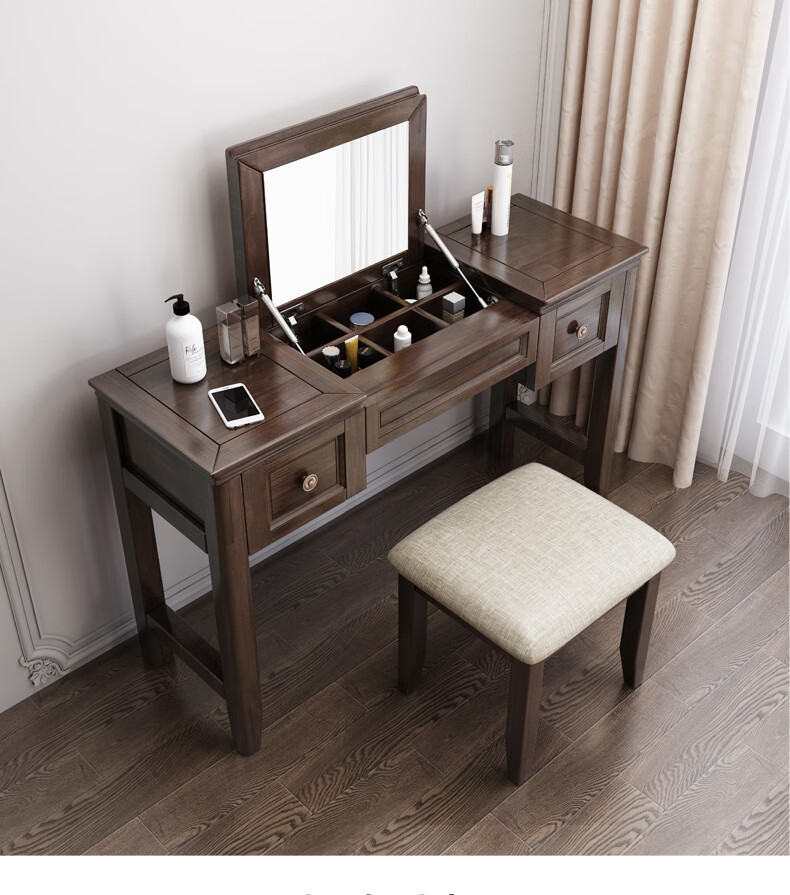 美式复古实木梳妆台简约化妆桌子多功能储物翻盖化妆台书桌一体 6623