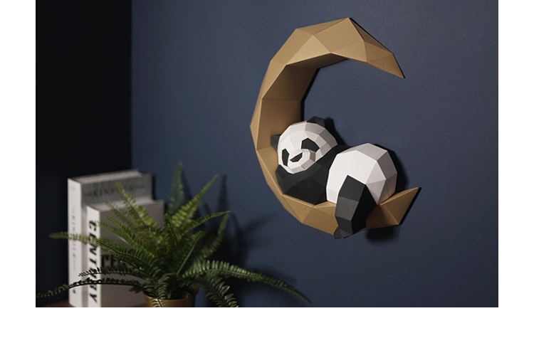 3d熊猫壁挂 创意3d立体diy纸模月亮熊猫墙饰动物壁挂家居墙面装饰道具