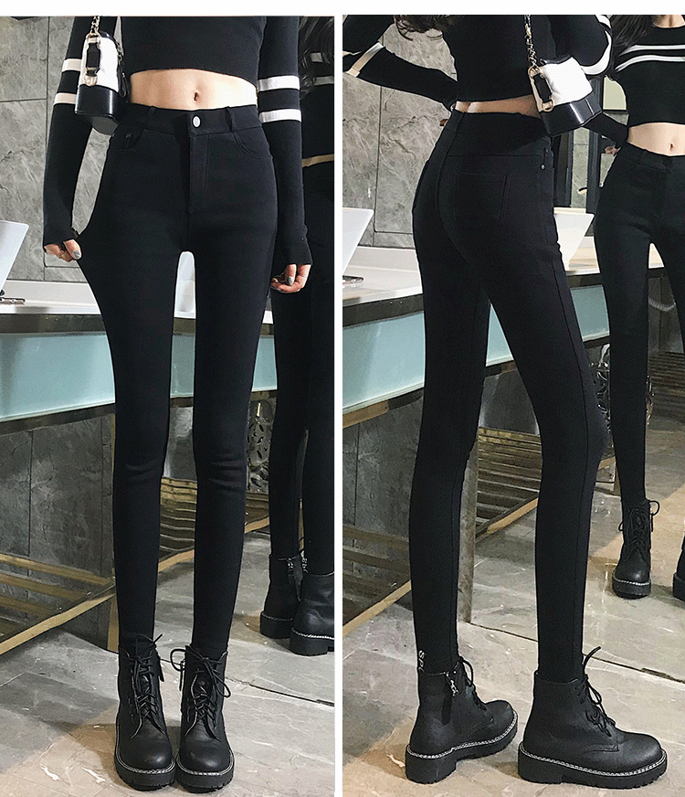 pr&aj 黑色加绒打底裤女外穿秋冬新款长裤高腰弹力百搭显瘦小个性潮流