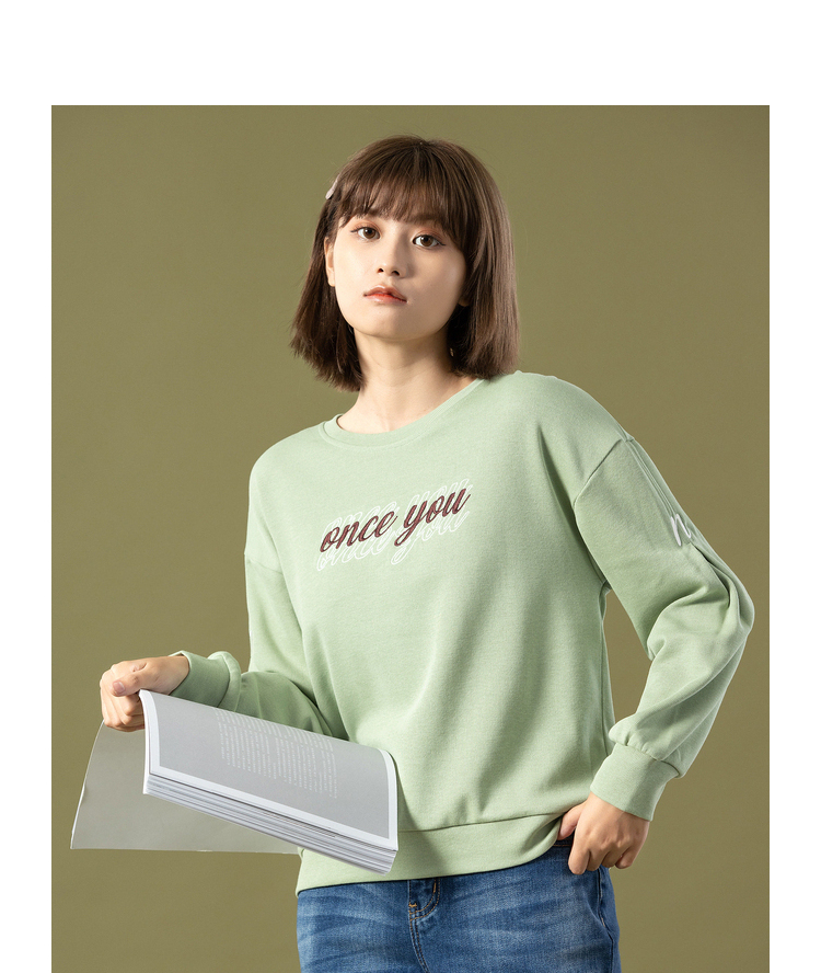 真维斯女装 秋季 特织布圆领泡泡袖印花长袖t恤 浅粉红8350 xl