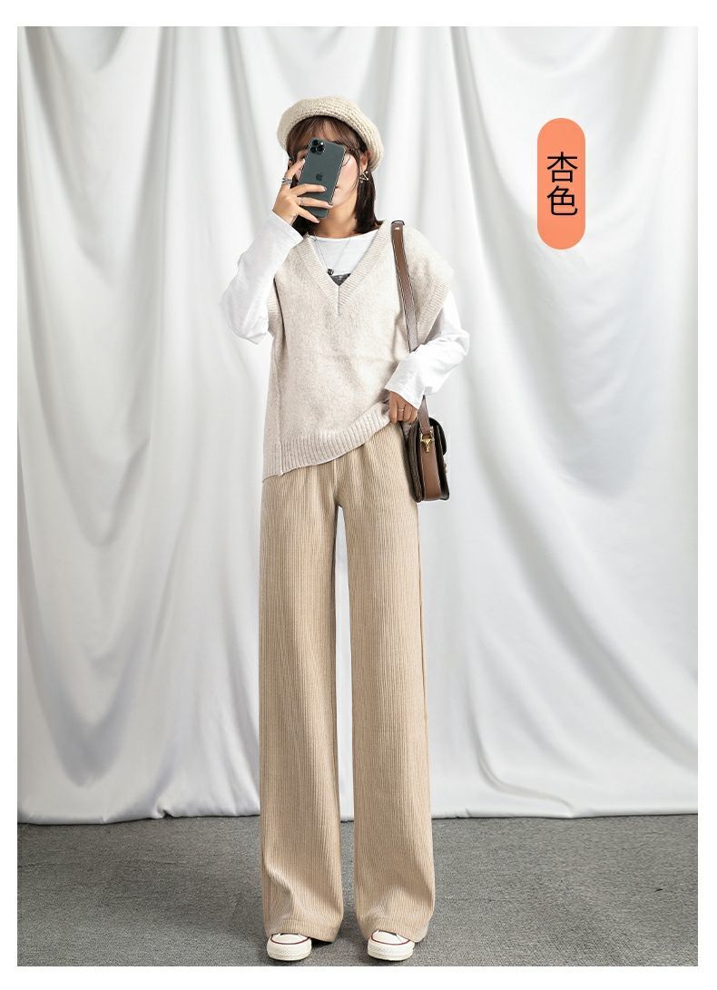 绒灯芯绒阔腿裤女秋冬高腰垂感高个子宽松裤子条绒直筒裤正常版杏色m