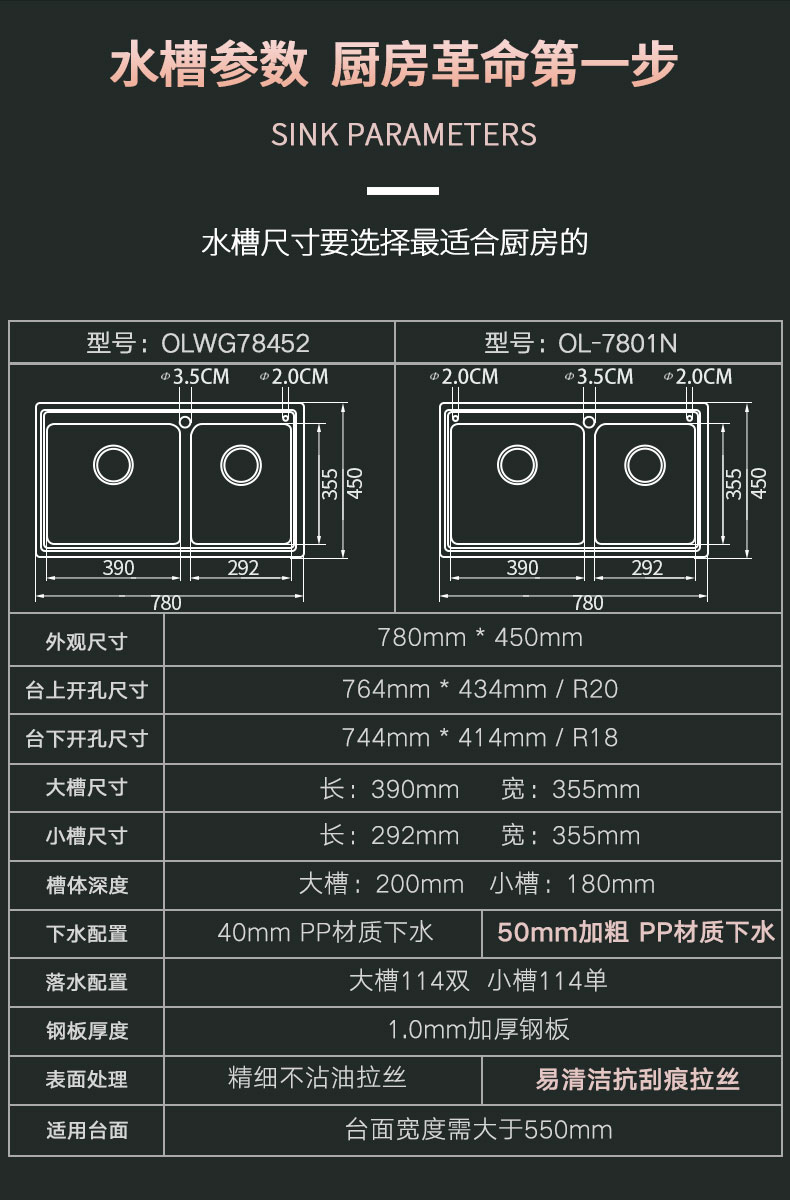 欧琳oulin水槽易清洁双槽780450mm洗菜盆加厚不锈钢台上台下盆7801n78