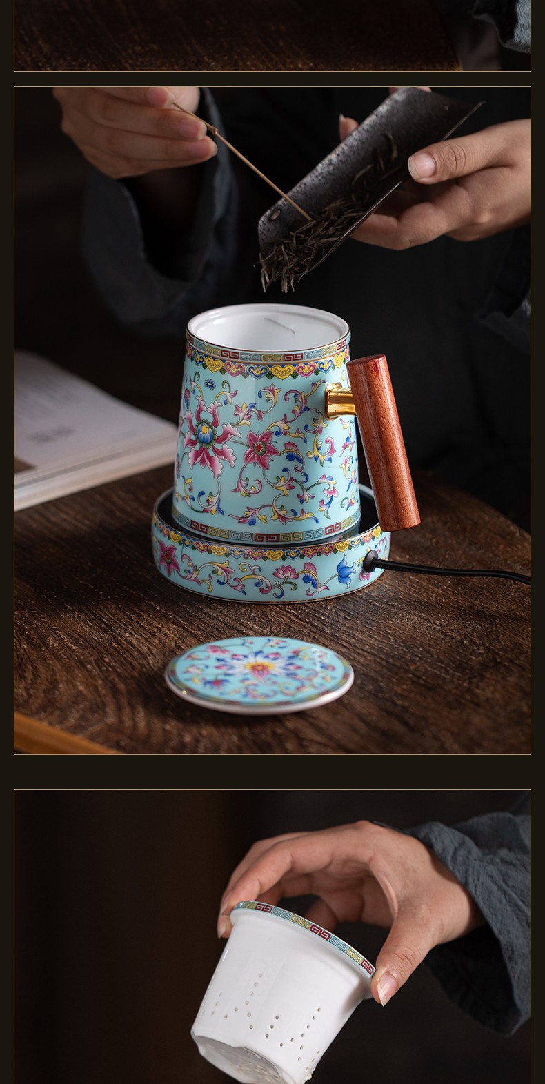 红英陶瓷景德镇珐琅彩陶瓷水杯带盖过滤茶水分离办公个人泡茶杯家用