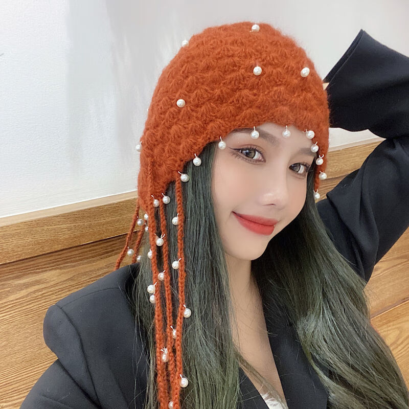 丛集镂空帽帽子女秋冬手工珍珠流苏时尚镂空帽毛线复古文艺渔夫帽包头