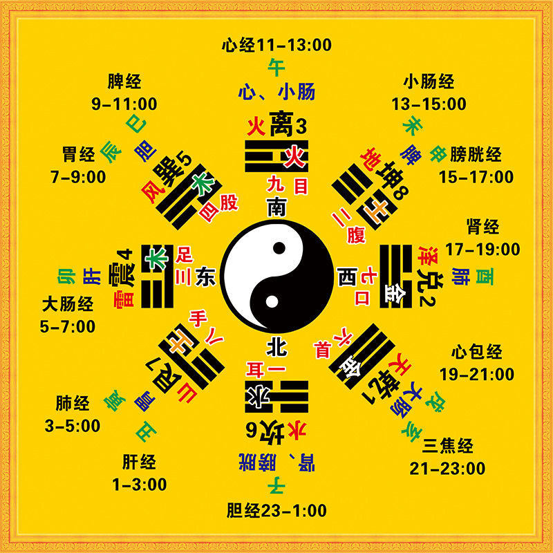 周易易經知識後天八卦十二時辰中醫五行養生畫十二經絡對應太極圖