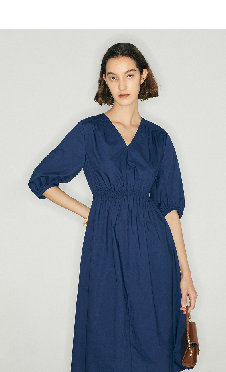 mm麦檬夏季新款裙子女气质v领纯棉舒适收腰显瘦连衣裙5c5293061 深蓝