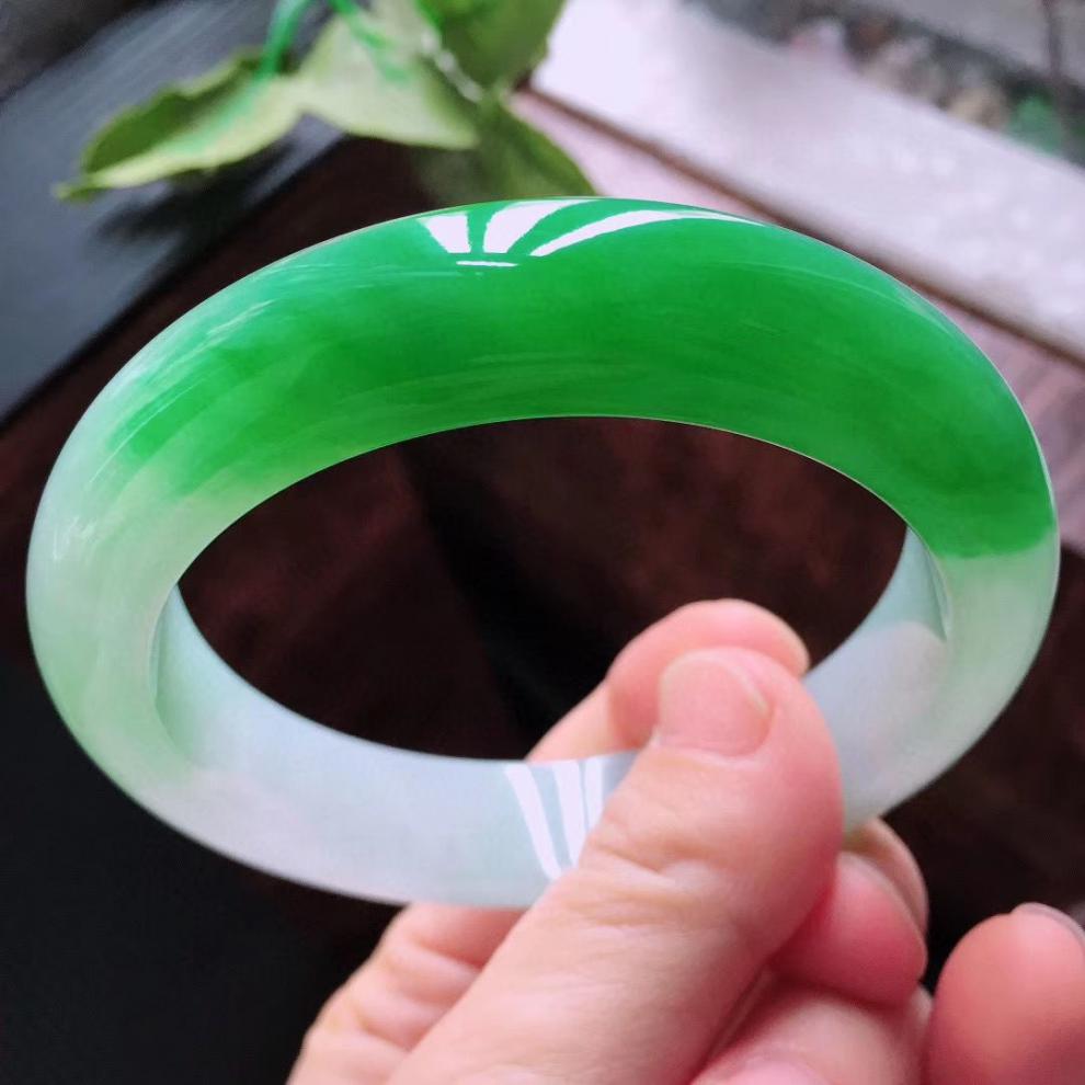 老凤凰 缅甸冰糯种翡翠玉手镯 女半山半水阳绿飘花白绿正圈玉手镯玉石