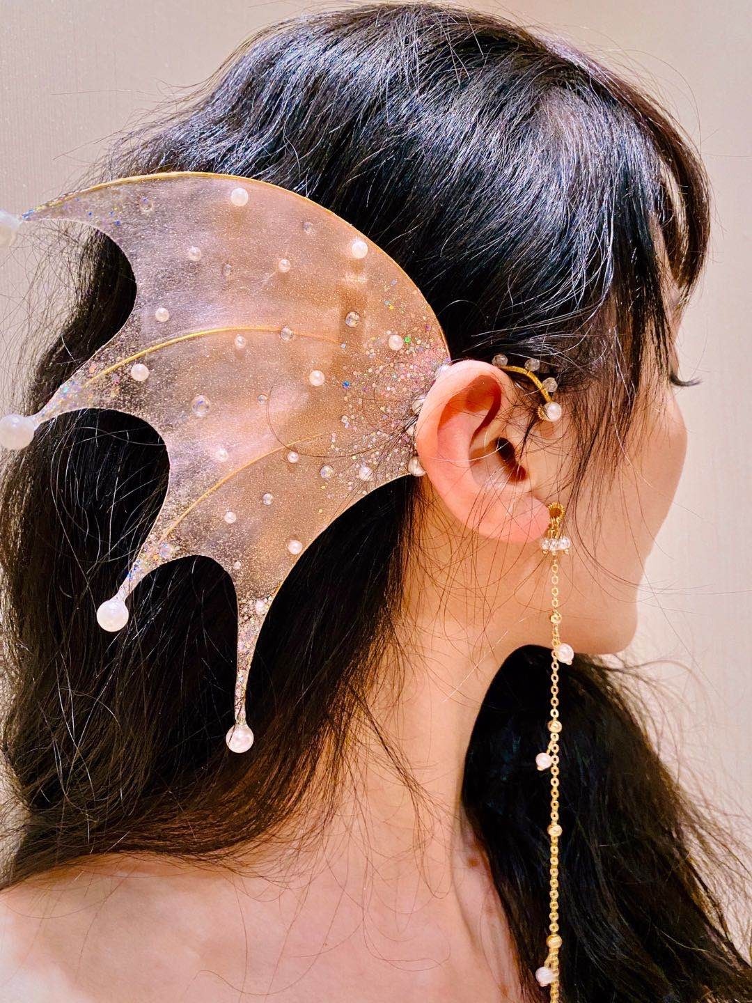 鲛人耳锦鲤人鱼姬耳挂发饰发卡原创手工发光人鱼仙女饰品 明珠耳挂 单