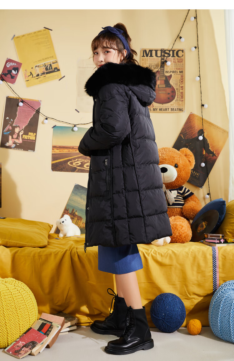 女装 羽绒服 快鱼 快鱼冬季新款流行纯色长款羽绒服女时尚连帽带毛领