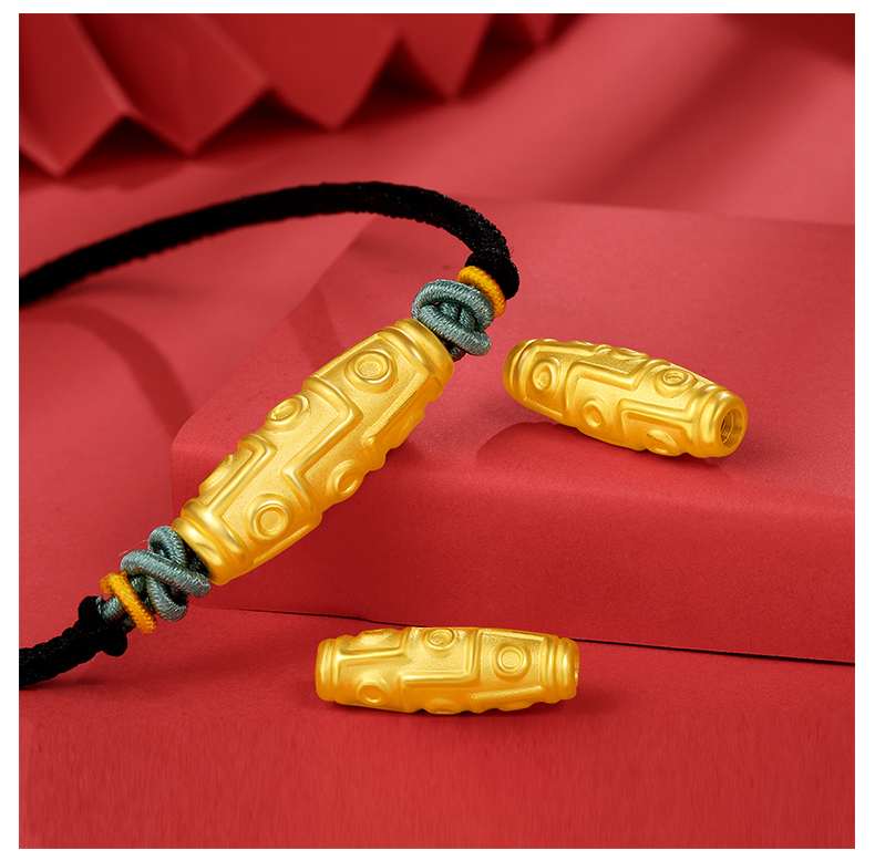 老凤凰999足金天珠项链男女硬金吊坠九眼长桶珠黄金花纹转运珠手链