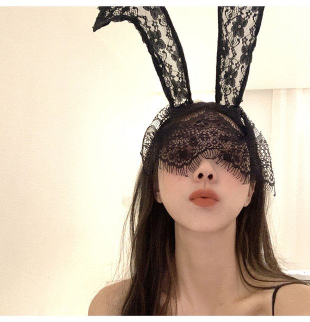 ins自拍蕾丝兔耳朵发卡情趣发箍女韩国网红洗脸外出头箍黑色面罩一体