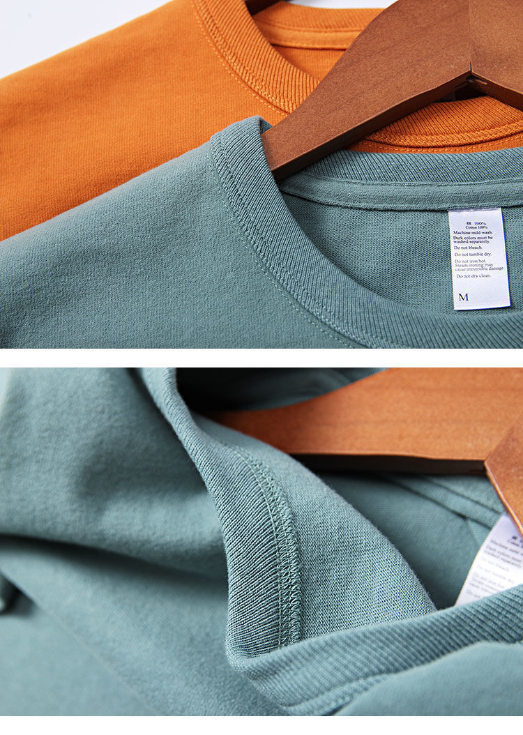 二染重磅300克碳素磨毛三本针32支咔叽棉纯色厚实短袖t恤男女款半袖