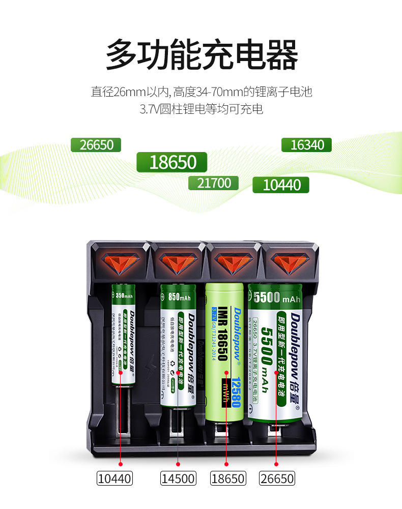 倍量18650 3.7v锂电池充电器4槽智能变灯usb多用充电器充电压4.