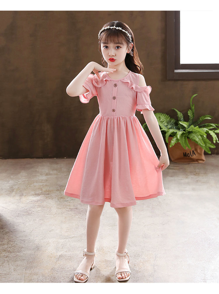 款夏装露肩网红儿童气质公主裙 粉色 公主裙7076>萌裙装时尚潮衣女娃
