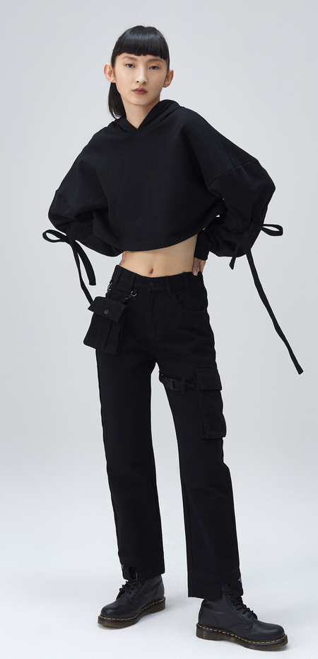 icy秋季新款街头风袖中系带连帽卫衣女灯笼袖宽松短款上衣长袖个性