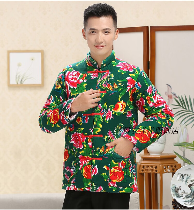 秋冬东北大花布棉袄男复古民族风纯手工棉花棉衣加厚表演定做 红色 新