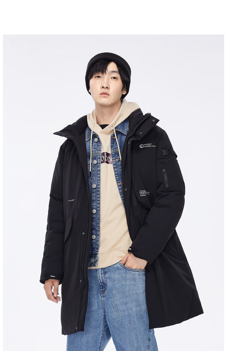 卡宾男装休闲长款羽绒外套2020秋冬新款潮流简约印花大口袋街头h 煤