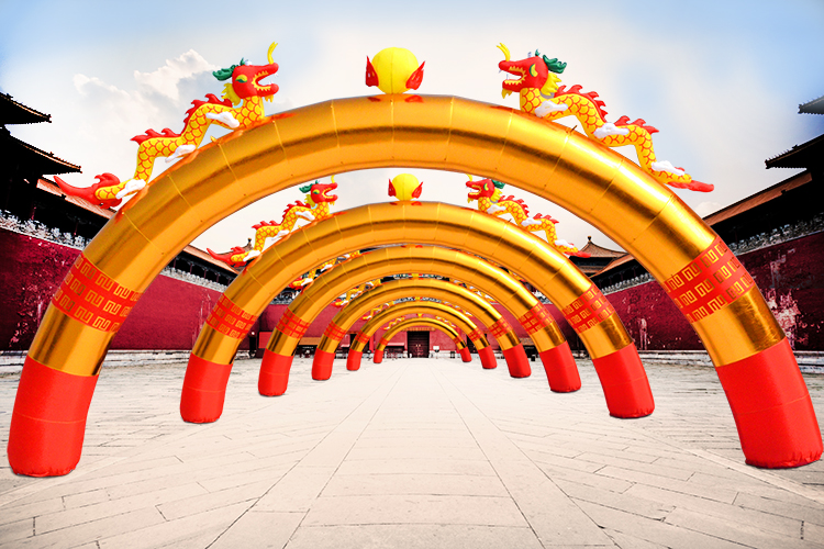 开业充气狮子黄金色双龙龙凤充气拱门开业庆典拱门拱形门气模彩虹门气