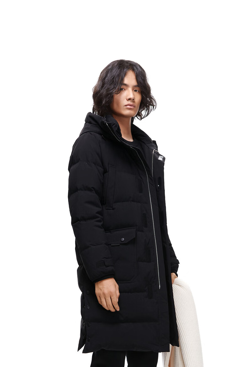 卡宾男装橄榄绿连帽长款羽绒服大衣白鸭绒简约保暖韩版h黑色0148170m