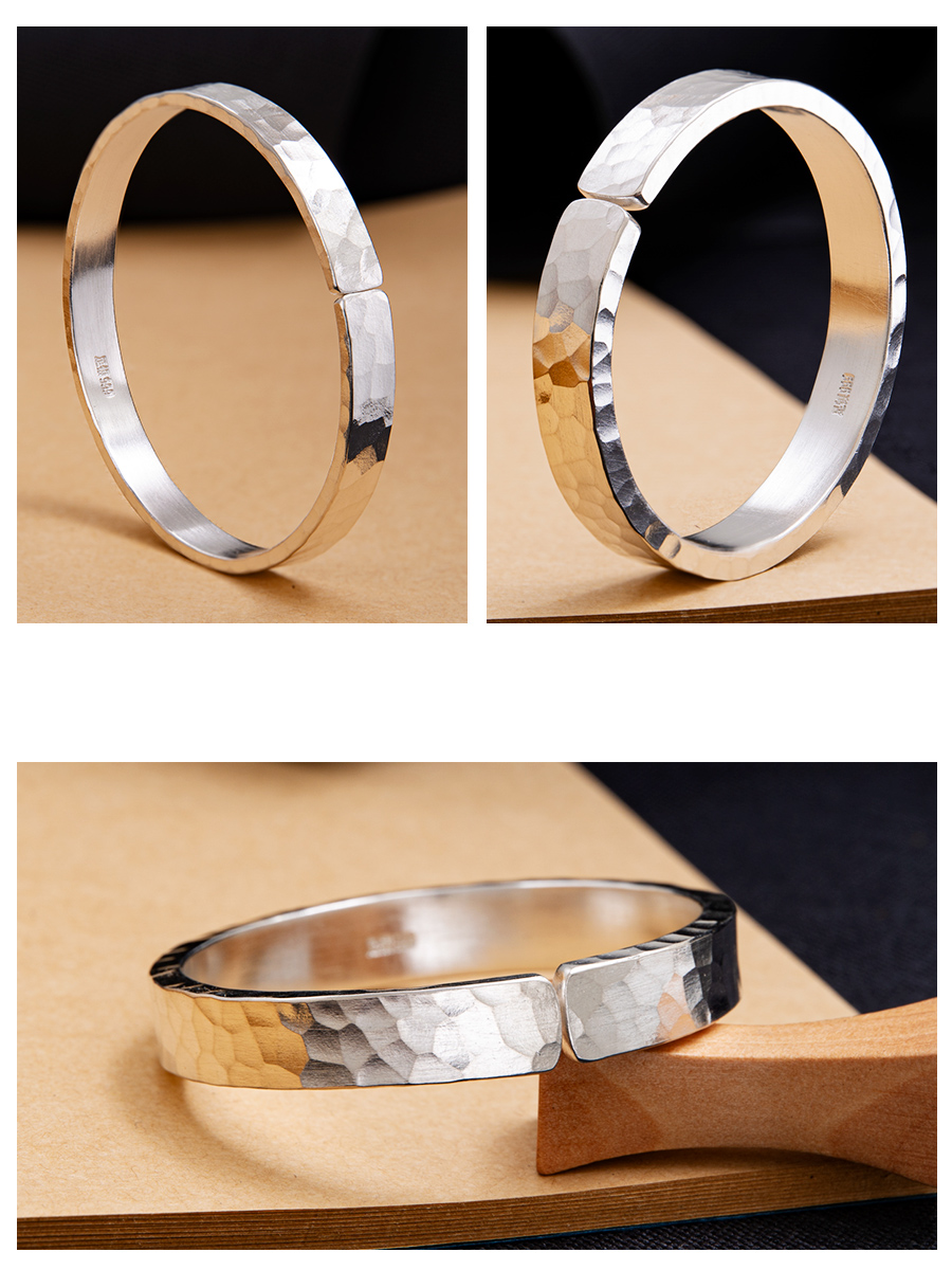 roundsink999纯银情侣手镯一对刻字痕迹磨砂手工锤纹复古手镯女手工