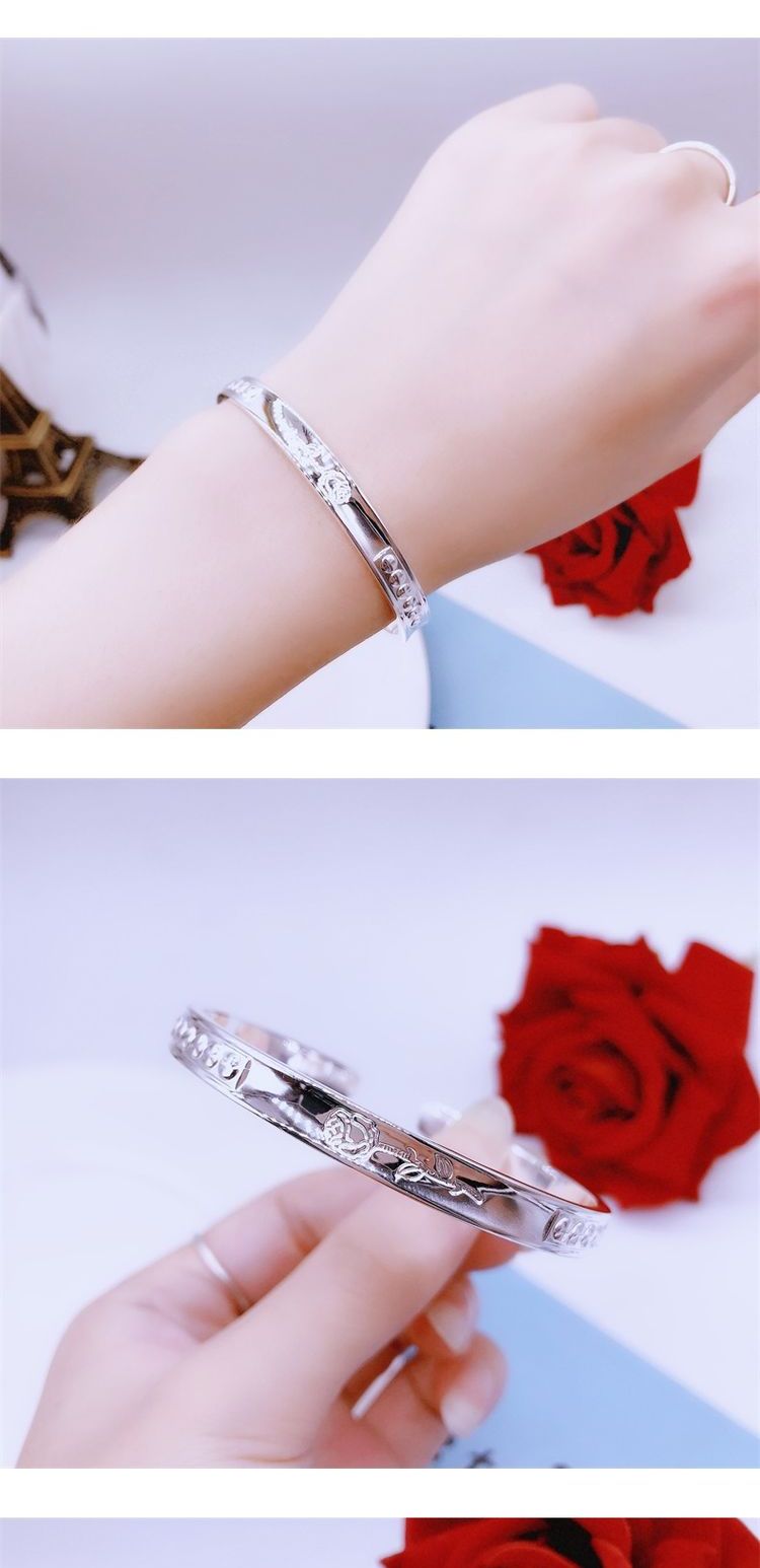 999银手镯四叶草女 韩版简森系纯银手镯闺蜜开口首饰银镯子 双心开口