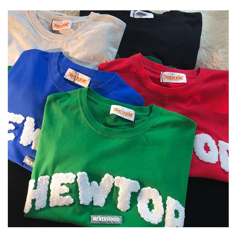 火莲娜美式复古夏季新款刺绣文字短袖t恤女男oversize原宿bf慵懒风