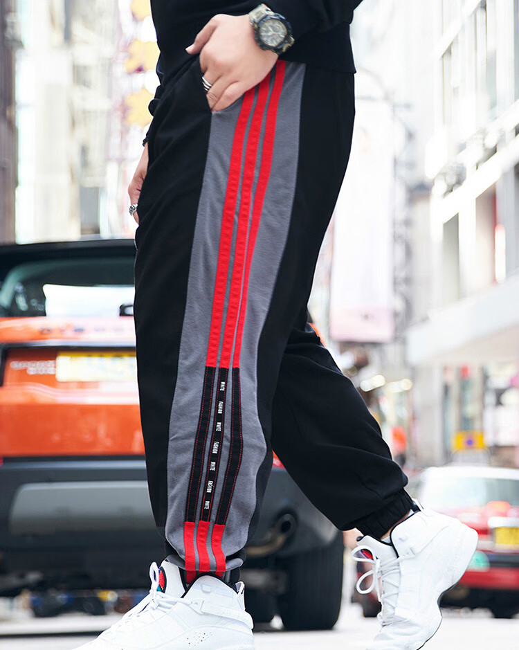 nob精品大码男装潮牌 胖子宽松束脚裤条纹卫裤肥佬加肥加大休闲长裤